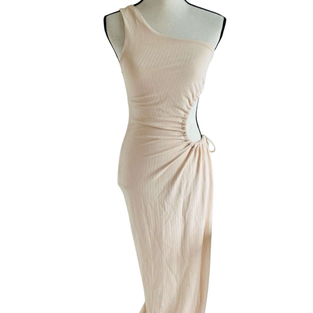Blanc Clothing One-Shoulder Beige Slit Tie Maxi Dress